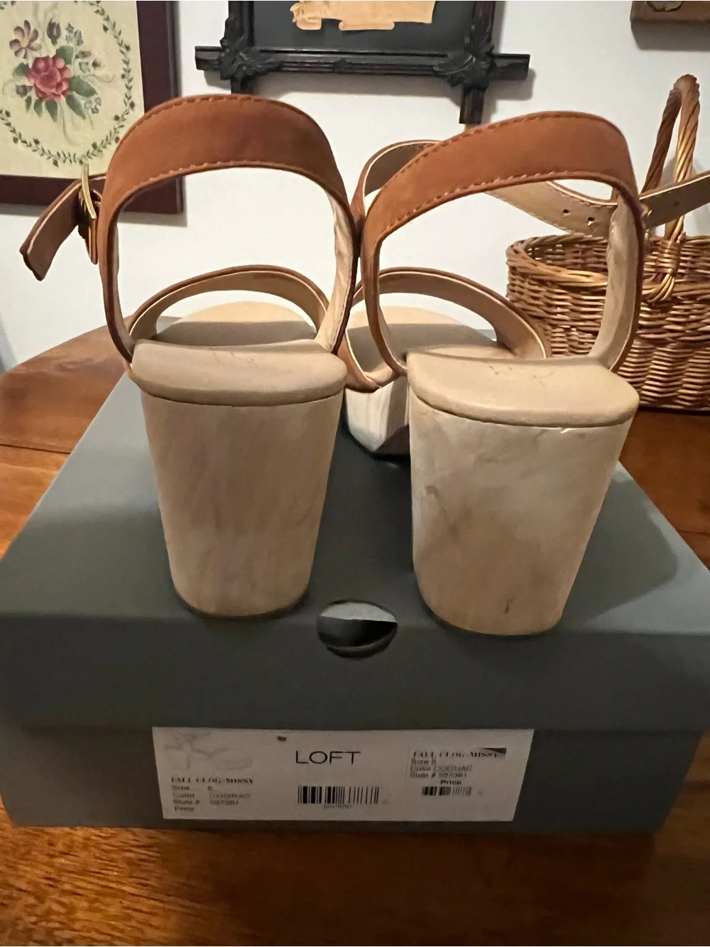 LOFT Cognac Suede Platform Sandals with Wood Block Heel